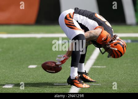 Cincinnati Bengals long snapper Clark Harris tosses a football to