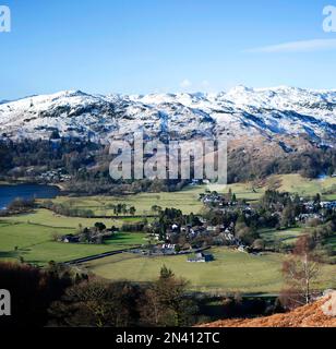 View of Grasmere Sports field with High Raise and the western Fells in the background, English Lake District, viewed from Grey Crag. Stock Photo