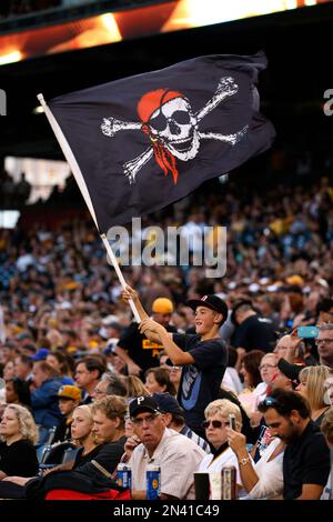 A Pittsburgh Pirates fan waves a Jolly Roger during the opening day baseball  game between the Pittsburgh Pirates and the St. Louis Cardinals at PNC Park  in Pittsburgh, Sunday, April 3, 2016.