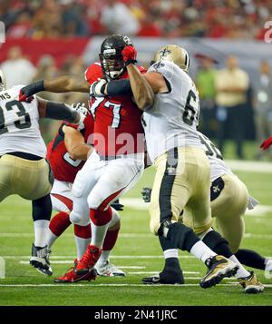 Atlanta Falcons defensive end Zach Harrison (96) works during the