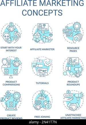 Affiliate marketing turquoise concept icons set Stock Vector
