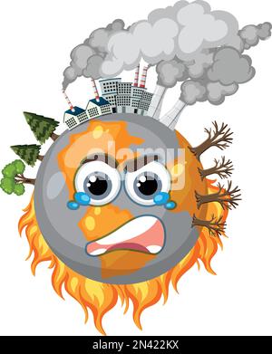 Earth with facial expression on fire from global warming illustration ...