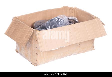 Battered cartboard box isolated on a white background Stock Photo