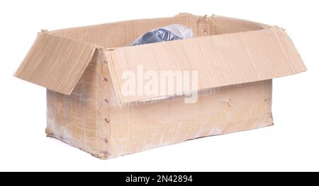Battered cartboard box isolated on a white background Stock Photo