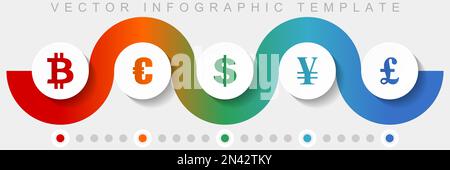 Currency infographic vector template with icon set, miscellaneous icons such as bitcoin, euro, dollar, yen and pound for webdesign and mobile applicat Stock Vector