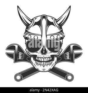 Viking skull in horned helmet and sunglasses accessory to protect eyes from bright sun with construction plumbing wrench spanner tools vintage Stock Vector