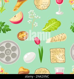 Happy Pesach Jewish Passover plate seamless pattern. Holiday background with traditional symbols. Stock Vector