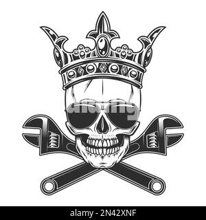 Skull in crown and sunglasses accessory to protect eyes from bright sun with construction plumbing wrench spanner tools vintage isolated vector Stock Vector