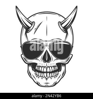 Skull with horn concept and black eyes with sunglasses accessory to protect eyes from bright sun vintage isolated vector illustration Stock Vector