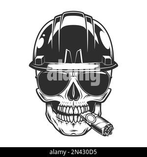 Skull in helmet hardhat builder construction concept smoking cigar or cigarette smoke with sunglasses accessory vintage isolated vector illustration Stock Vector