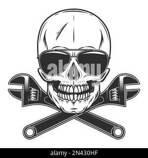 Skull in sunglasses accessory to protect eyes from bright sun with construction plumbing wrench spanner tools vintage isolated vector illustration Stock Vector