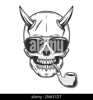 Skull with horn smoking pipe with sunglasses accessory to protect eyes from bright sun vintage isolated vector illustration Stock Vector