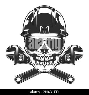 Skull in hardhat builder helmet and sunglasses accessory to protect eyes from bright sun with construction plumbing wrench spanner tools vintage Stock Vector