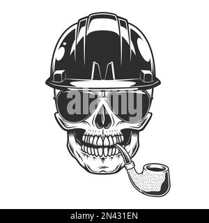 Skull smoking pipe in helmet hardhat builder construction concept with sunglasses accessory vintage isolated vector illustration Stock Vector