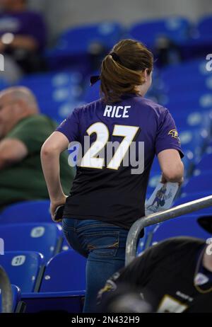 Baltimore Ravens fans wearing Ray Rice jerseys