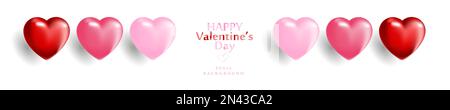 rose pink and red gradient hearts set isolated on white background. Vector illustration. holiday icons, concept header pattern, glossy balloons banner Stock Vector