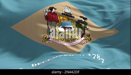 Close-up view of the Delaware state flag fluttering. Colonial blue background with a buff-colored diamond and state coat of arms, and December 7, 1787 Stock Photo