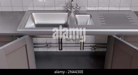 Stainless steel sink, water tap and pipe under bowl, kitchen empty cabinet with open door on grey ceramic tile wall background. Above view. 3d render Stock Photo