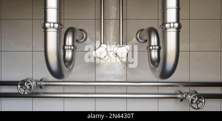 Double kitchen sink piping on white ceramic tile wall background. Water drain pipe, stainless plumbing tube with water valve switch. Close up. 3d rend Stock Photo