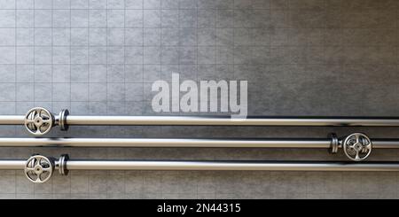 Sink water piping on grey ceramic tile wall background. Kitchen bathroom plumbing tube with connection and water valve switch. Close up. 3d render Stock Photo