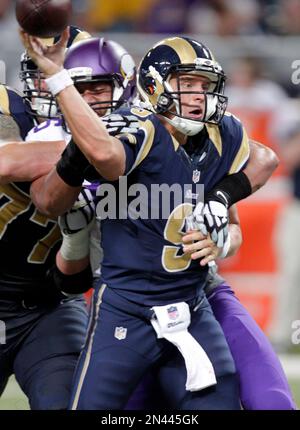 Minnesota Vikings defensive end Scott Crichton (95) during warm-ups prior  to an NFL preseason football game between the Kansas City Chiefs and Minnesota  Vikings in Kansas City, Mo., Saturday, Aug. 23, 2014. (