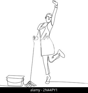 Cheerful millennial housewife holding bucket full of cleaning supplies at modern apartment. Portrait of cheerful young lady with sanitary equipment looking at camera and smiling Stock Vector