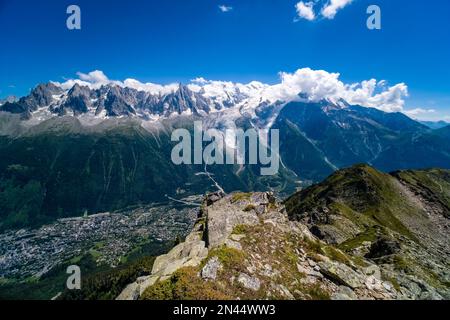 Aerial view on the town of Chamonix and the Mont Blanc massif, seen from Le Brevent. Stock Photo