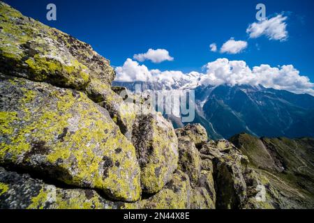 The summit of Mont Blanc and the Bossons Glacier, seen from Le Brevent. Stock Photo