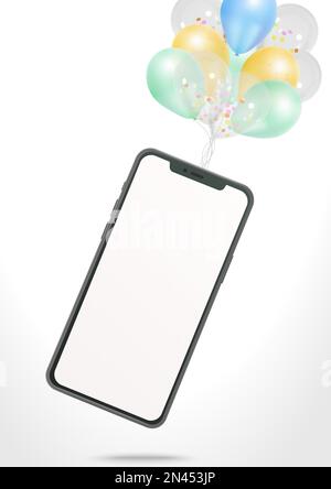 Realistic smartphone mockup with color balloons holding a phone in the air Stock Vector