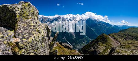 Panoramic view of the Mont Blanc massif, seen from Le Brevent. Stock Photo