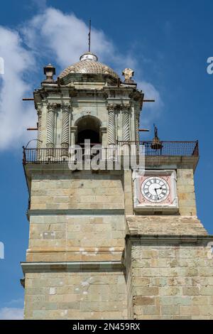 Bell tower of the Cathedral of Our Lady of the Assumption or Metropolitan Cathedral in the historic city of Oaxaca, Mexico.  Built between 1573 and 17 Stock Photo