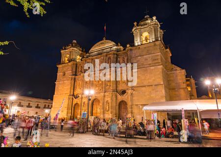 The Cathedral of Our Lady of the Assumption on the Alameda de Leon in Oaxaca, Mexico lit at twilight.  A UNESCO World Heritage Site. Stock Photo