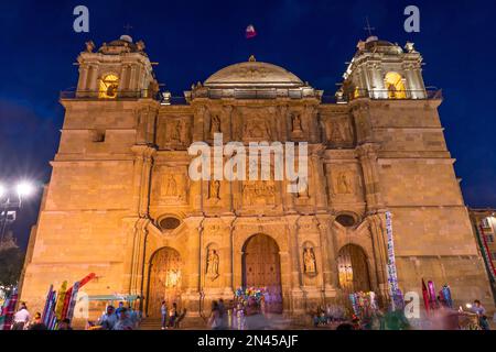 The Oaxaca Cathedral, or the Cathedral of Our Lady of the Assumption, on the Alameda de Leon in Oaxaca, Mexico lit at twilight.  A UNESCO World Herita Stock Photo