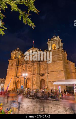 The Cathedral of Our Lady of the Assumption on the Alameda de Leon in Oaxaca, Mexico lit at twilight.  A UNESCO World Heritage Site. Stock Photo