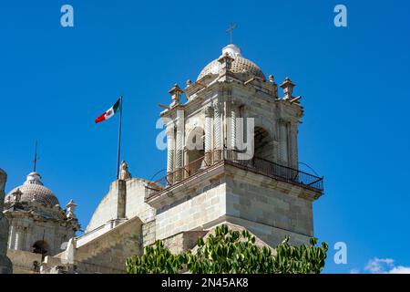 Bell tower of the Cathedral of Our Lady of the Assumption or Metropolitan Cathedral in the historic city of Oaxaca, Mexico.  Built between 1573 and 17 Stock Photo