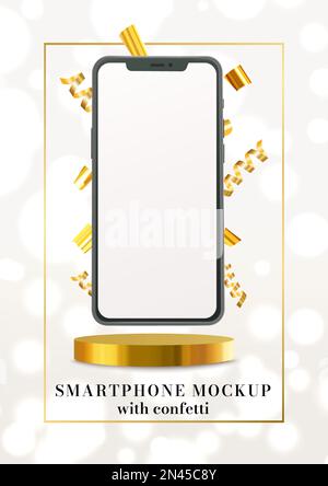 Smartphone mockup poster with golden confetti and dais Stock Vector