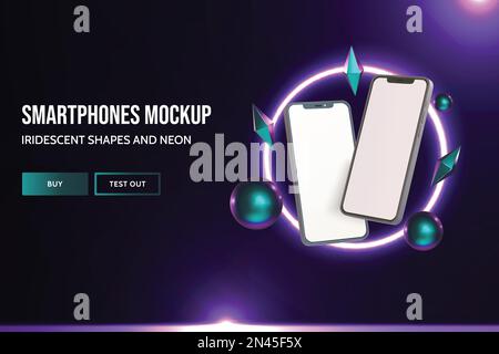 Realistic vector smartphone mockup with 3D iridescent shapes and neon circle on dark background Stock Vector
