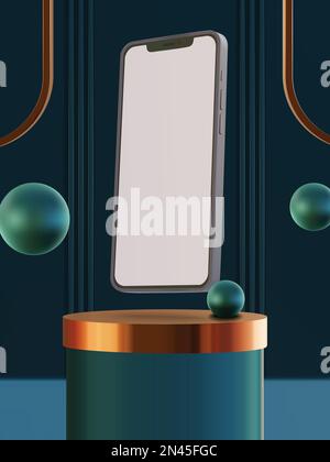 Vector 3D smartphone and podium mockup gold and deep green backdrop Stock Vector