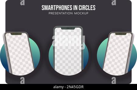 Smartphones popping out from gradient circles mockup on dark background vector Stock Vector