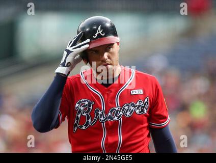 Atlanta Braves Freddie Freeman prepares to swing at a pitch during