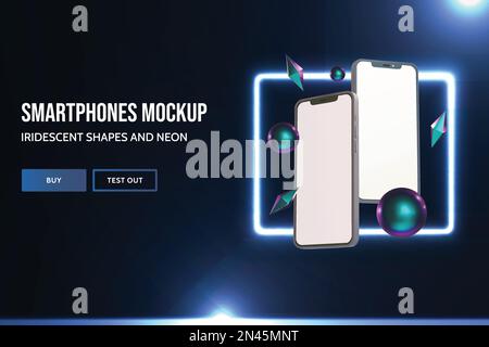 Two smartphones devices mockup with iridescent 3D shapes and neon frame on dark background Stock Vector