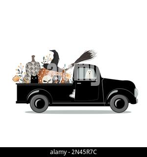Truck or Treat Halloween Spooky Pick-up Vector. Cute characters bat, cat, pumpkin, broom, and ghost. Halloween Party isolated design element Stock Vector