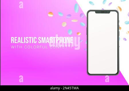 Realistic smartphone mockup with colorful confetti an bright background Stock Vector