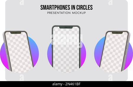 3 smartphones popping out from gradient circles mockup vector Stock Vector