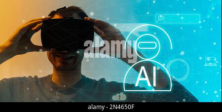 Concept futuristic design. man Architect or Engineer wearing VR headset for working design BIM technology and virtual reality technology Stock Photo