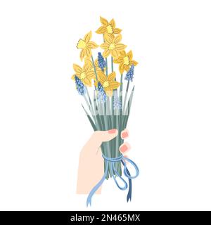 Female hand holding a spring bouquet. Yellow daffodils and blue hyacinths , springtime blooming muscari and narcissus or jonquil flowers, vector Stock Vector