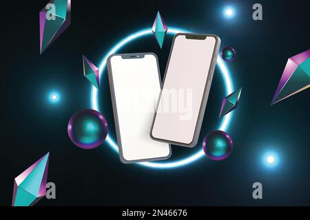 Realistic vector phones mockup with glowing neon and iridescent shapes Stock Vector