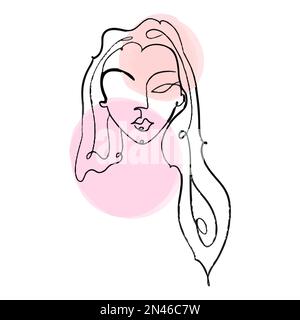 Simple, minimalist vector illustration of beautiful woman face. Line drawing With watercolor stains. Stock Vector