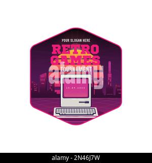 Retro Gaming logo template with vintage PC. Classic Games label. Gamer Expo invitation badge design. Stock vector emblem graphics isolated on white Stock Vector