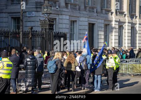 London, UK - Feb 8, 2023: Crowd waiting to see President Volodymyr Zelensky as he enters Downing Street. Today, President Volodymyr Zelensky made his first visit to the UK since Russian invasion. Credit: Sinai Noor/Alamy Live News Stock Photo